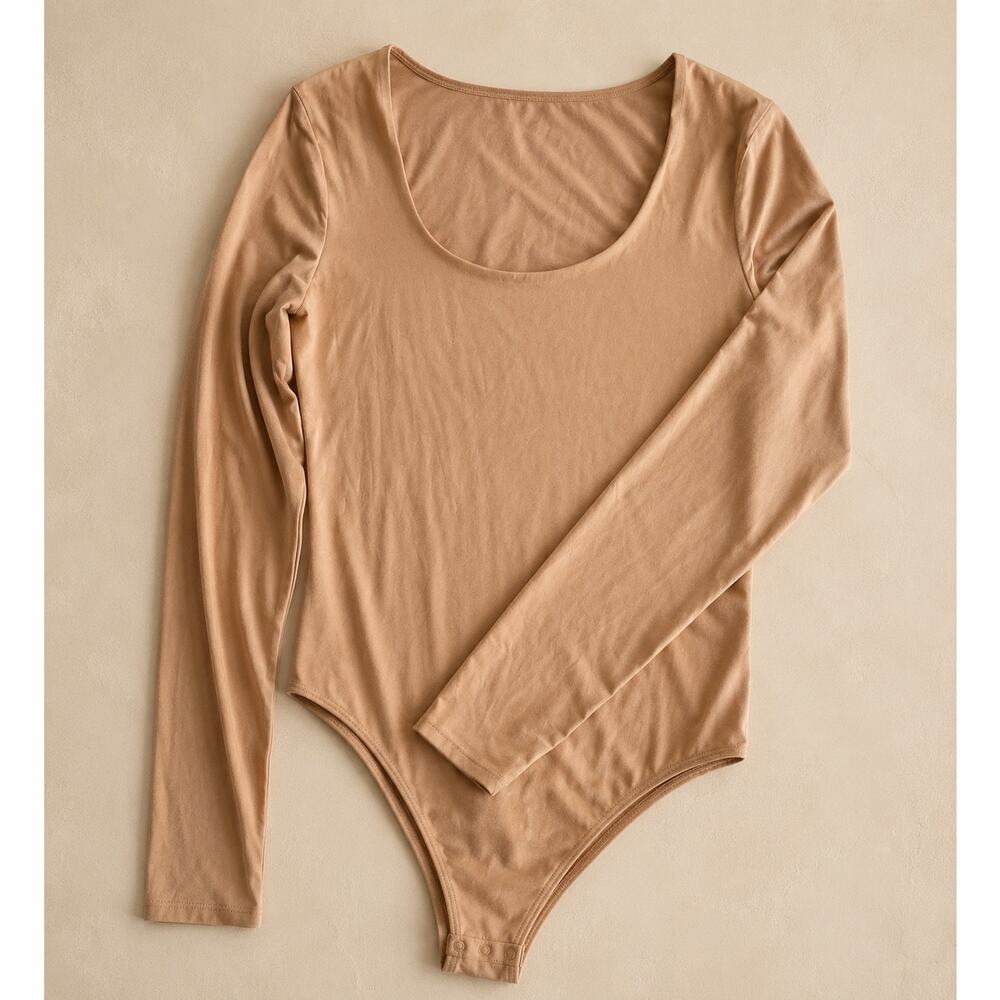 Express Nude Long Sleeve Bodysuit Sz L Scoop Neck Capsule Basic Quiet Luxury